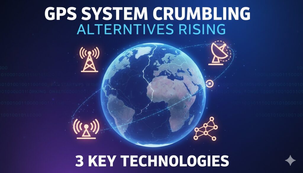 भारत में GPS सिस्टम की कमजोरी और स्टार्टअप्स द्वारा विकसित अल्टरनेटिव टेक्नोलॉजी जैसे NavIC और LEO सैटेलाइट्स का ग्राफिक इलस्ट्रेशन