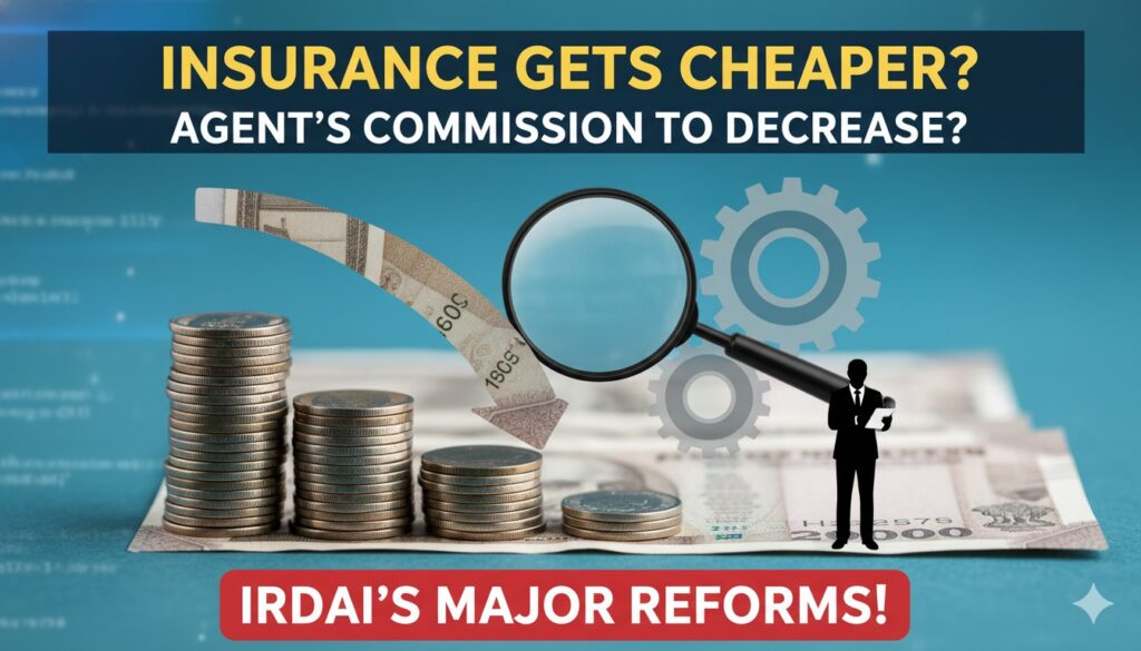 IRDAI logo के साथ भारतीय बीमा एजेंट और कमीशन स्ट्रक्चर का ग्राफिक इलस्ट्रेशन, जिसमें कमीशन कटौती और सस्ता बीमा दिखाया गया है