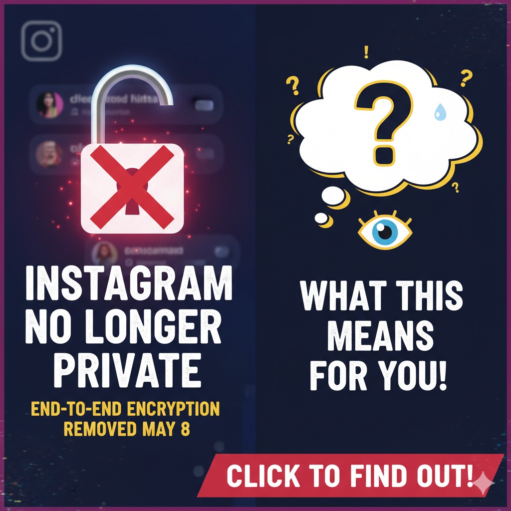 Instagram DM चैट्स पर एंड-टू-एंड एन्क्रिप्शन हटने का ग्राफिक, लॉक आइकन टूटता हुआ और प्राइवेसी चिंता दिखाता