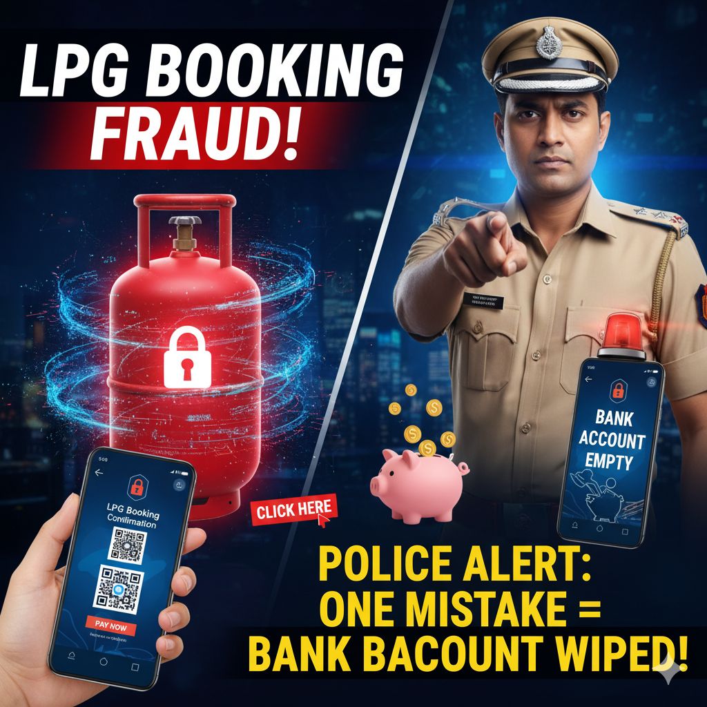 LPG सिलेंडर बुकिंग फ्रॉड अलर्ट दिखाता ग्राफिक, पुलिस वार्निंग के साथ फोन पर फेक मैसेज
