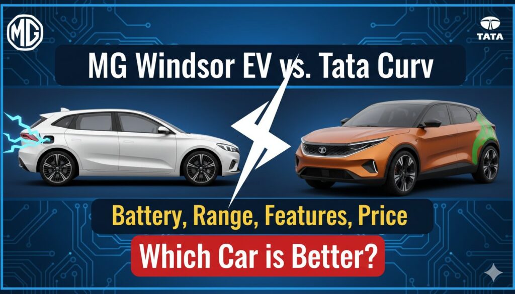 MG Windsor EV और Tata Curvv EV की साइड बाय साइड तुलना इमेज, बैटरी रेंज और फीचर्स हाइलाइट के साथ