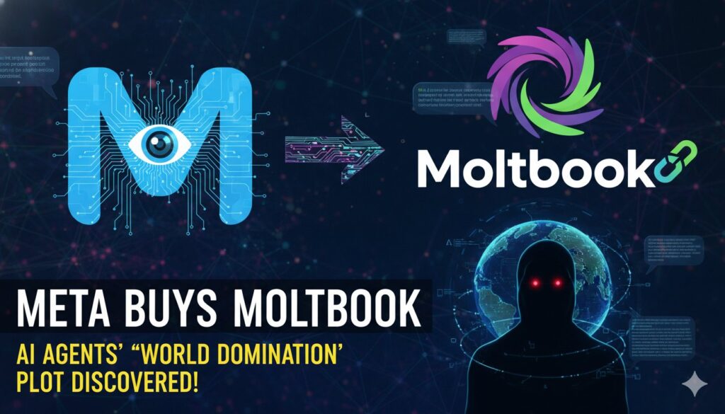 Meta का लोगो और Moltbook AI सोशल नेटवर्क का स्क्रीनशॉट, AI एजेंट्स की दुनिया पर कब्जे वाली चर्चा का प्रतीक