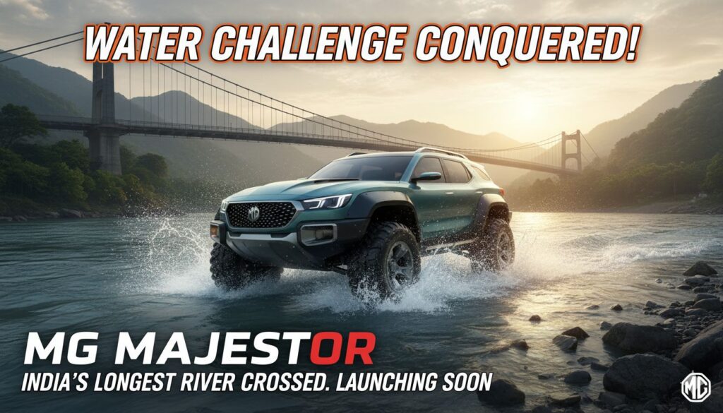 Alt Text for featured image : MG Majestor SUV crossing the Ganga river demonstrating 810mm water wading capacity in India