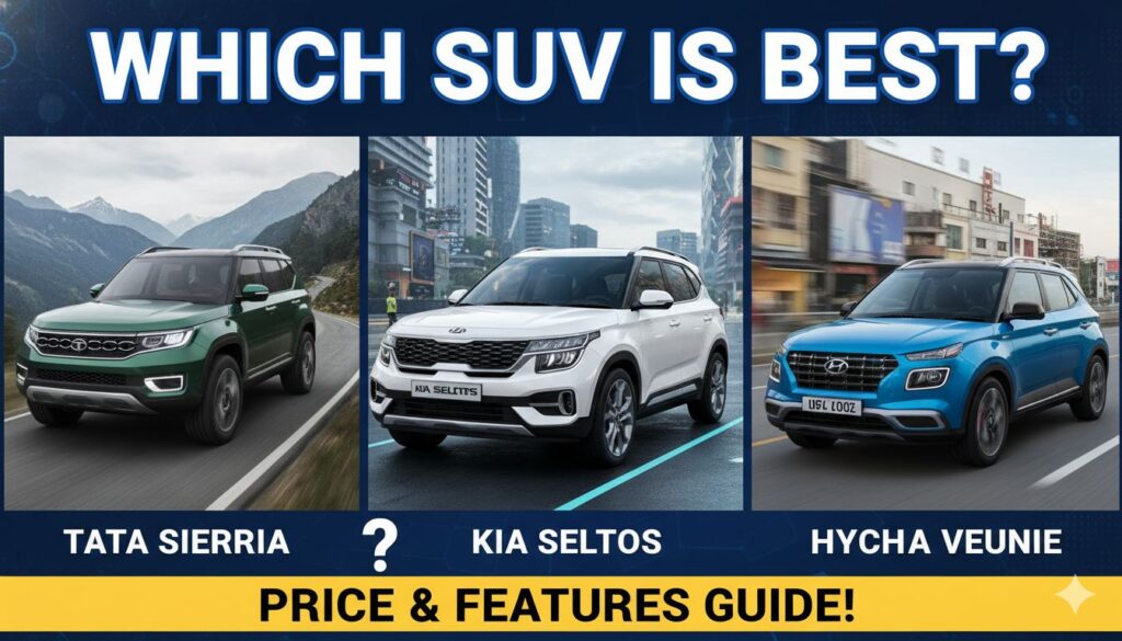 Alt Text for featured image : Tata Sierra, Kia Seltos और Hyundai Venue SUVs की साइड-बाय-साइड तुलना इमेज, कीमत और फीचर्स हाइलाइट के साथ