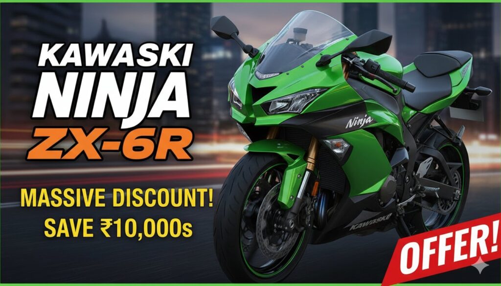 Alt Text for featured image : कावासाकी निंजा ZX-6R Lime Green कलर में पार्क की हुई, डिस्काउंट ऑफर के साथ