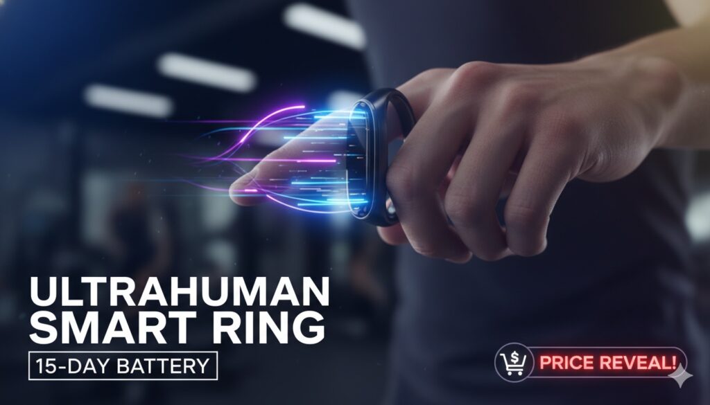 Ultrahuman Ring Pro स्मार्ट रिंग टाइटेनियम फिनिश में दिखाई दे रही है, Pro Charging Case के साथ