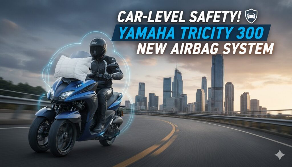 Yamaha Tricity 300 2026 मॉडल का फ्रंट व्यू जिसमें एयरबैग सिस्टम हाइलाइट किया गया है, कार जैसी सेफ्टी वाला तीन पहिया स्कूटर