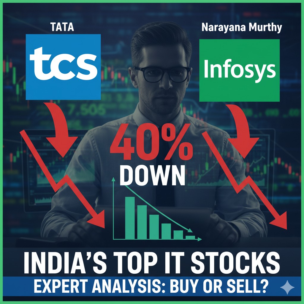 TCS और Infosys के शेयर प्राइस चार्ट दिखाते हुए भारतीय आईटी सेक्टर की गिरावट और खरीदारी का अवसर