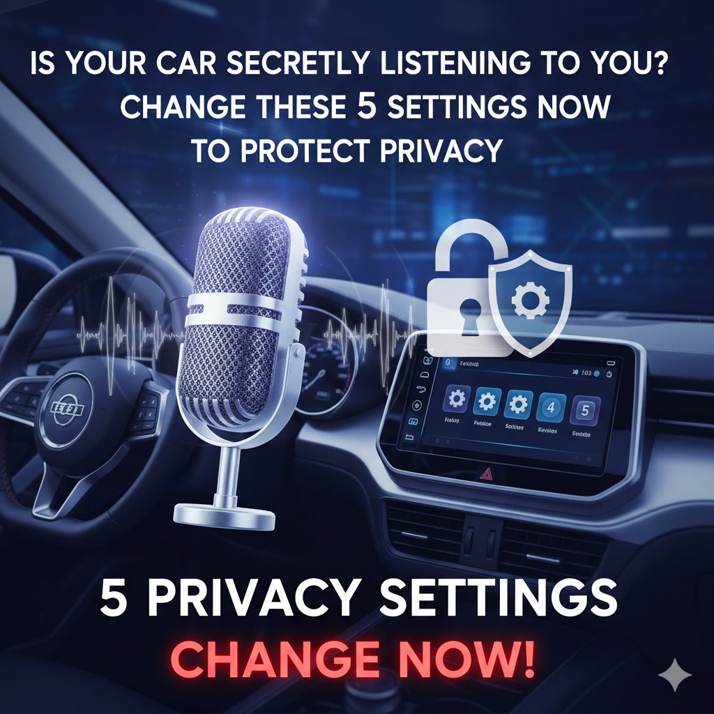 आधुनिक कनेक्टेड कार का डैशबोर्ड जिसमें प्राइवेसी सेटिंग्स और माइक्रोफोन आइकन दिख रहा है, डेटा प्राइवेसी कॉन्सर्न को दर्शाता हुआ