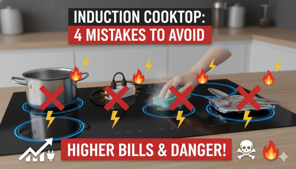 इंडक्शन चूल्हा पर खाना बनाते समय सावधानियां बरतते परिवार की महिला