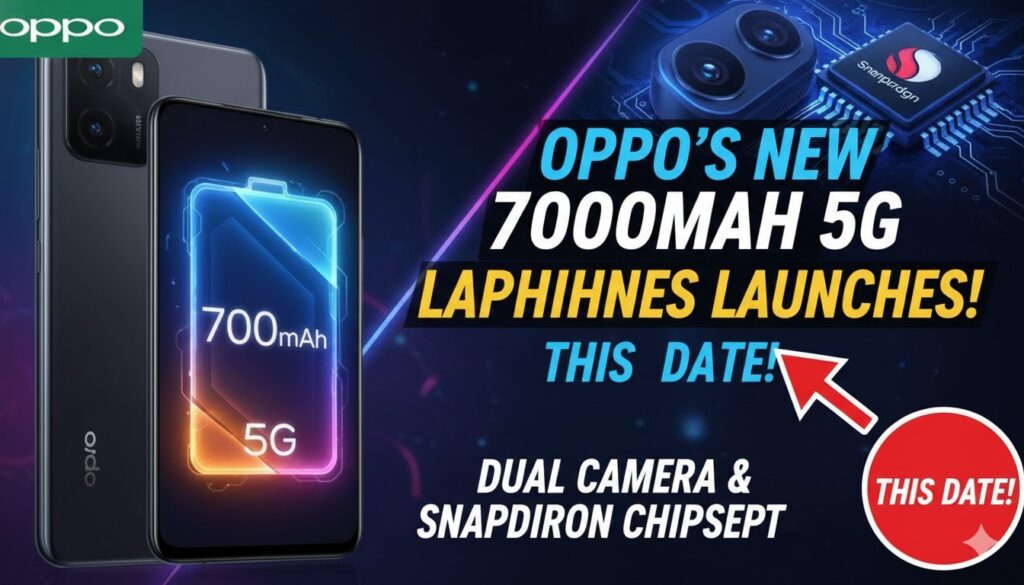 ओप्पो K14 5G स्मार्टफोन का रियर व्यू दिखाता हुआ, जिसमें 7000mAh बैटरी और ड्यूल कैमरा सेटअप हाइलाइट है