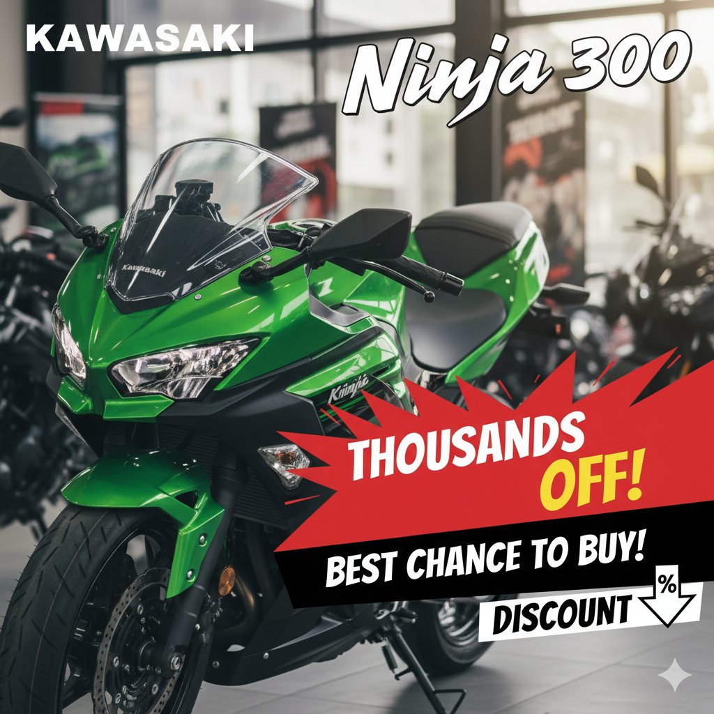 कावासाकी निंजा 300 स्पोर्ट्स बाइक लाइम ग्रीन कलर में दिखाई दे रही है, जिसमें 28,000 रुपये डिस्काउंट का ग्राफिक ओवरले है