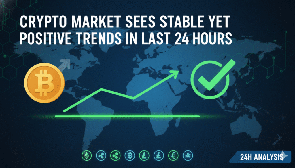क्रिप्टोकरेंसी बाजार का ग्राफ दिखाता हुआ, Bitcoin और Ethereum की कीमतें स्थिर लेकिन सकारात्मक रुझान के साथ
