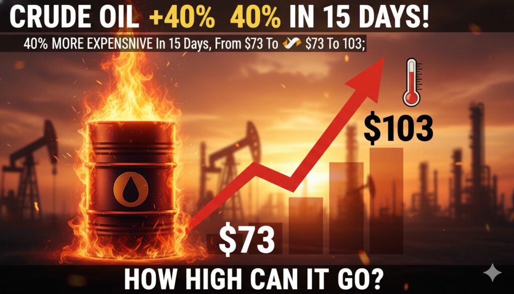 ब्रेंट क्रूड ऑयल कीमतों में तेज उछाल दिखाता ग्राफ, 73 से 103 डॉलर तक 15 दिनों में वृद्धि, पृष्ठभूमि में होर्मुज जलडमरूमध्य का नक्शा
