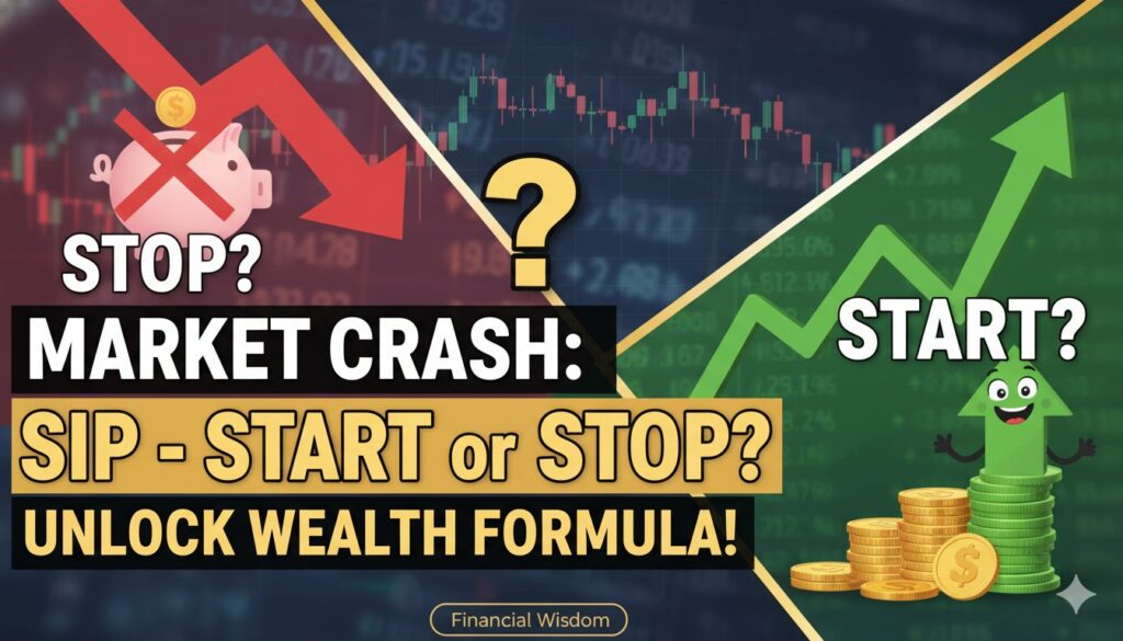 गिरते शेयर बाजार में SIP निवेश का ग्राफ दिखाता हुआ इमेज, जिसमें रुपी कॉस्ट एवरेजिंग के फायदे हाइलाइट हैं