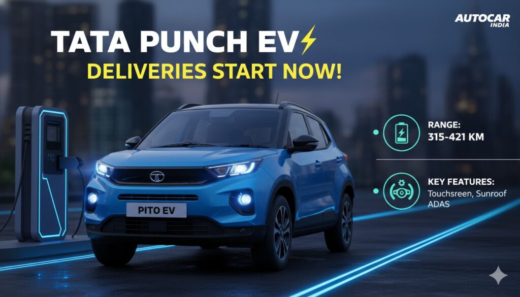 टाटा पंच ईवी फेसलिफ्ट इलेक्ट्रिक SUV फ्रंट व्यू दिखाती हुई, 468 किमी रेंज वाली नई मॉडल