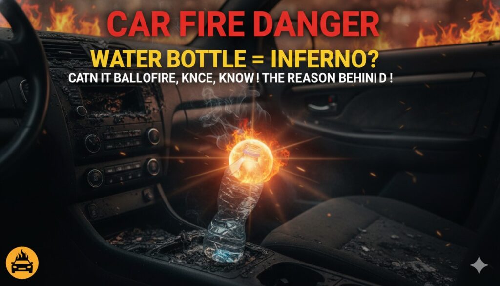 कार की सीट पर रखी पानी की बोतल से सूरज की किरणें फोकस होकर आग लगने का खतरा दिखाती इमेज