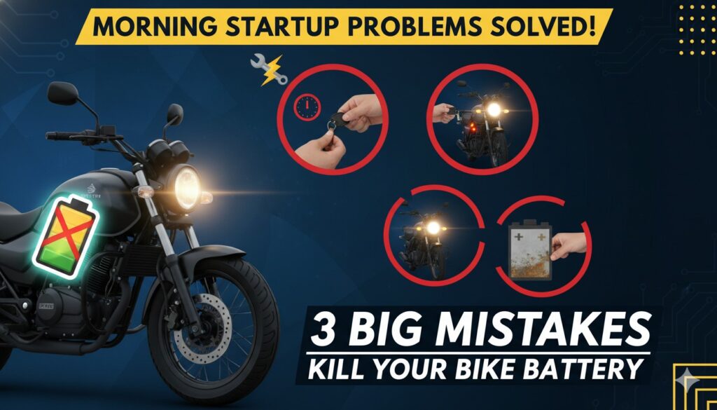 बाइक बैटरी टर्मिनल्स चेक करते हुए मैकेनिक, बैटरी खराब होने से बचाव टिप्स