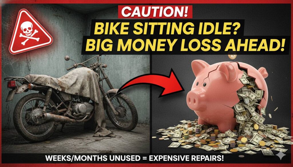 लंबे समय तक खड़ी बाइक जिसमें टायर फ्लैट स्पॉट्स और बैटरी डिस्चार्ज दिखाई दे रही है, भारत में आम समस्या