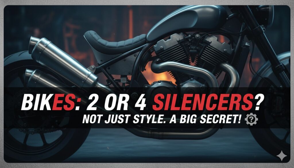 बाइक के डुअल और क्वाड साइलेंसर दिखाते हुए क्लोजअप इमेज जो एग्जॉस्ट सिस्टम की तकनीक दर्शाती है