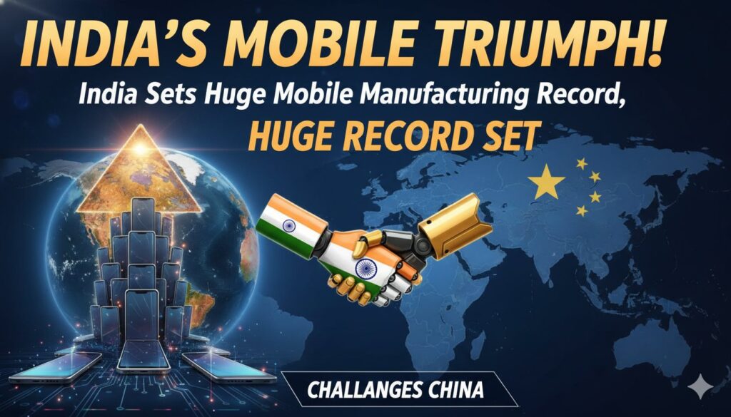 भारत में मोबाइल फोन मैन्युफैक्चरिंग यूनिट में कार्यरत कर्मचारी, 2025 रिकॉर्ड उत्पादन का प्रतीक