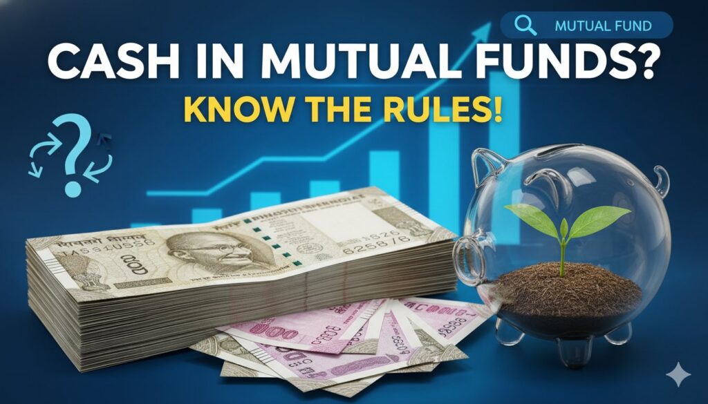 म्यूचुअल फंड में कैश निवेश की सीमा दिखाता ग्राफिक, SEBI नियमों के साथ भारतीय रुपए नोट्स