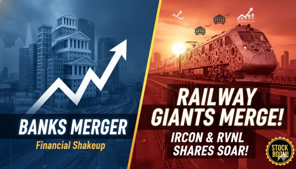 IRCON और RVNL लोगो के साथ रेलवे ट्रैक पर तेजी से चलती ट्रेन, मर्जर की खबर से शेयर बाजार में उछाल दर्शाता ग्राफ
