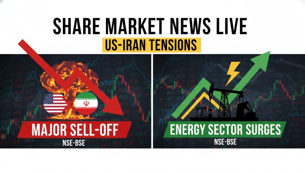 अमेरिका-ईरान युद्ध के बीच NSE BSE में गिरावट और एनर्जी सेक्टर शेयरों में तेजी दिखाने वाला ग्राफिक