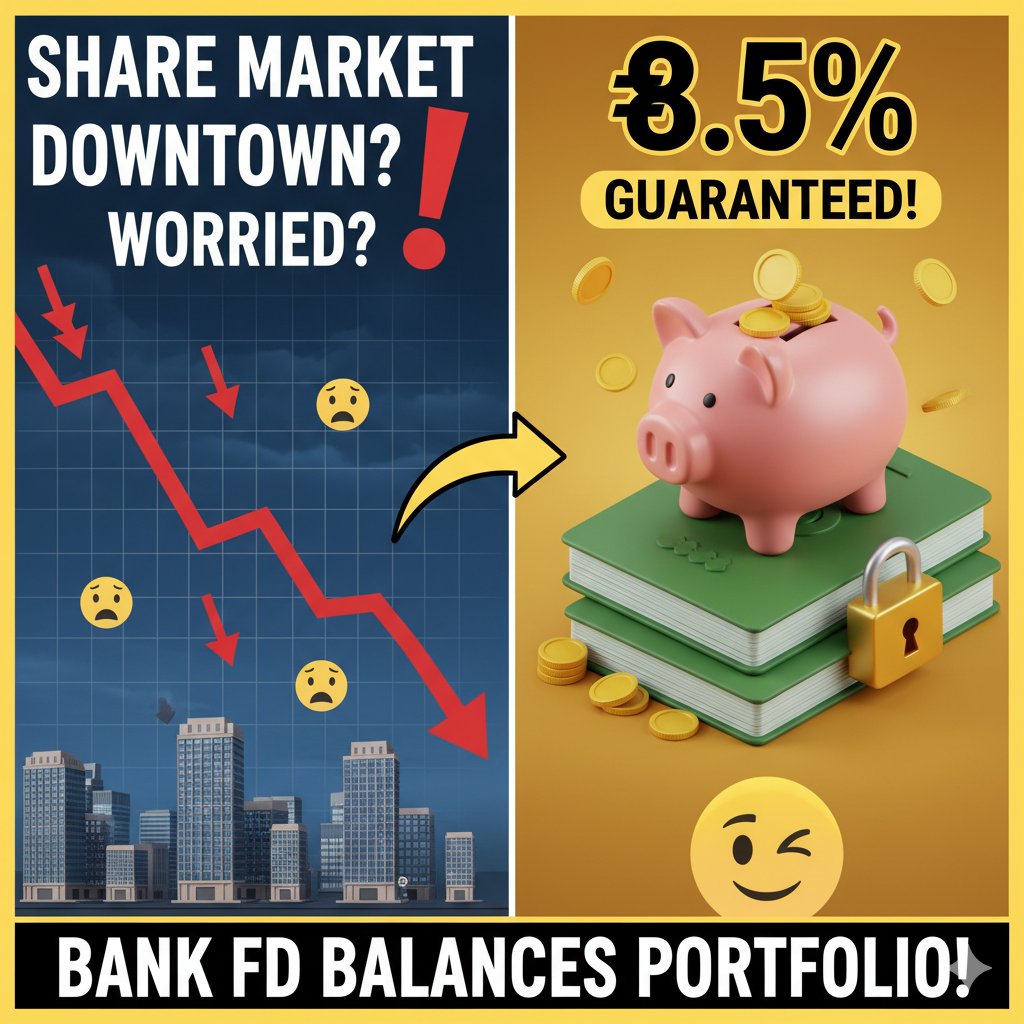 भारतीय शेयर बाजार की गिरावट में बैंक FD के आकर्षक ब्याज दरों का ग्राफिक दिखाता हुआ इमेज, जिसमें Sensex-Nifty चार्ट और FD रिटर्न की तुलना