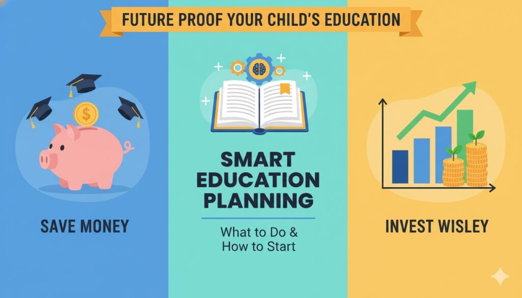 बच्चे की उच्च शिक्षा के लिए स्मार्ट निवेश प्लानिंग दिखाता ग्राफ और कैलकुलेशन टेबल वाला इमेज